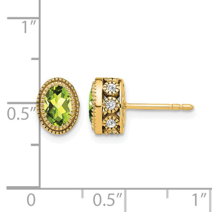 14k 6x4mm Oval Peridot and .19 carat Diamond Post Earrings