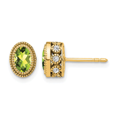 14k 6x4mm Oval Peridot and .19 carat Diamond Post Earrings