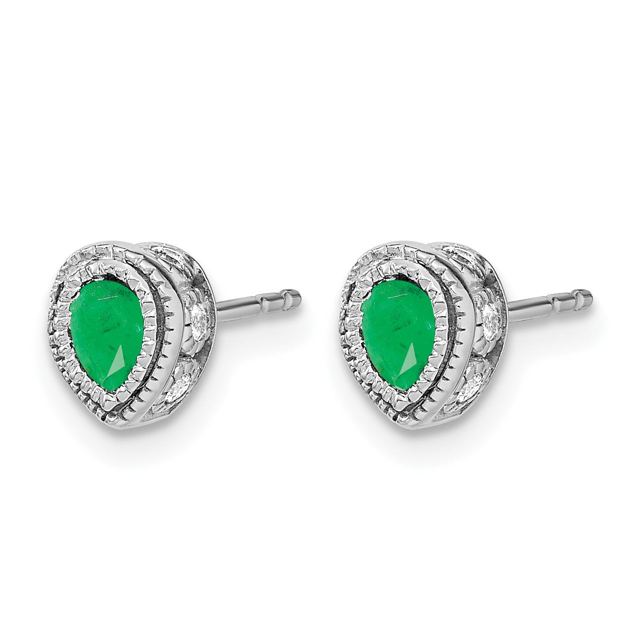 14k White Gold 4x3mm Pear Emerald and Diamond Post Earrings