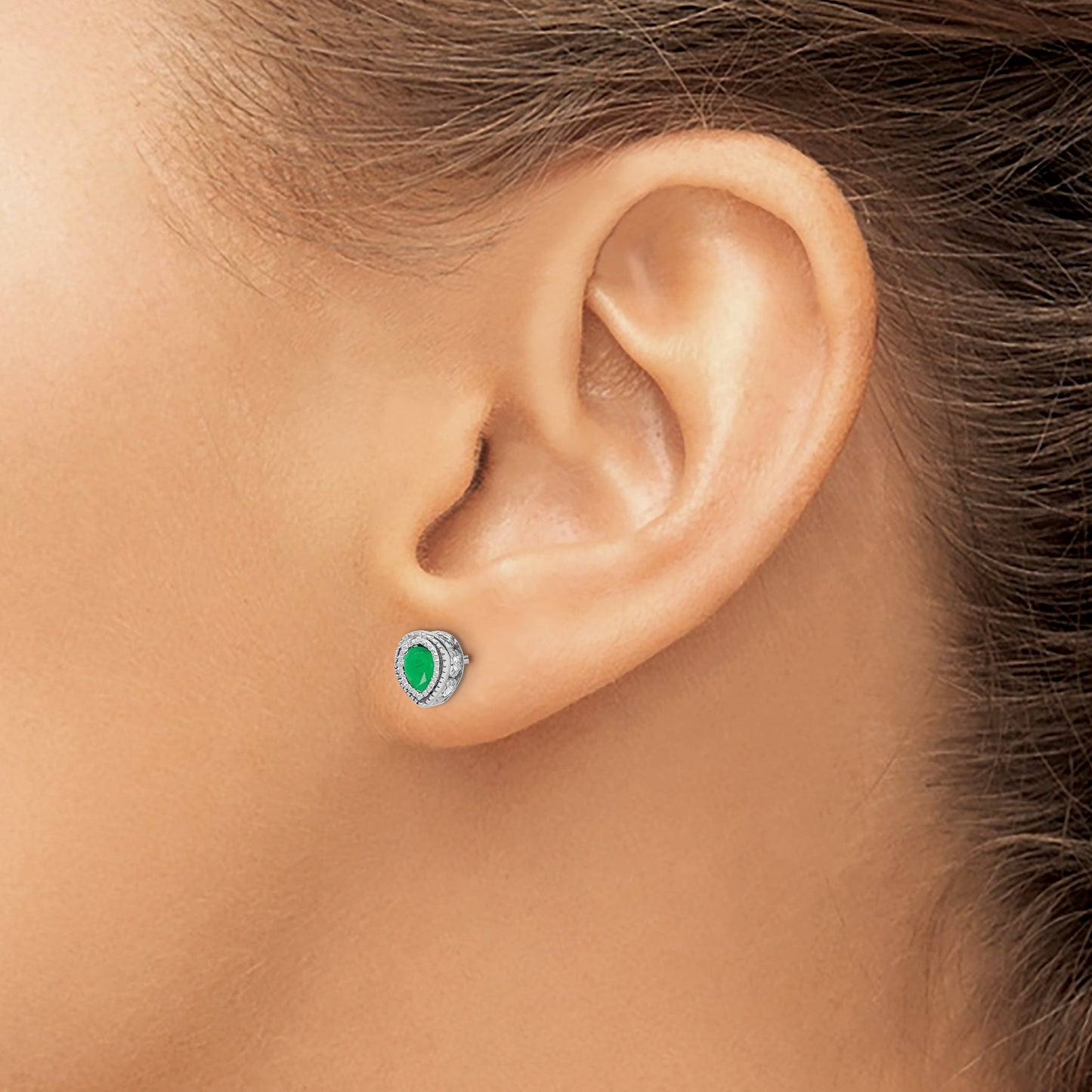 14k White Gold 4x3mm Pear Emerald and Diamond Post Earrings