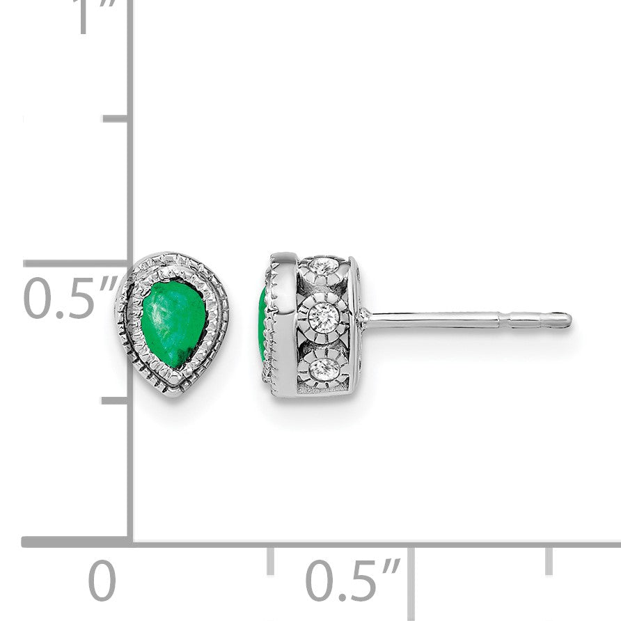 14k White Gold 4x3mm Pear Emerald and Diamond Post Earrings