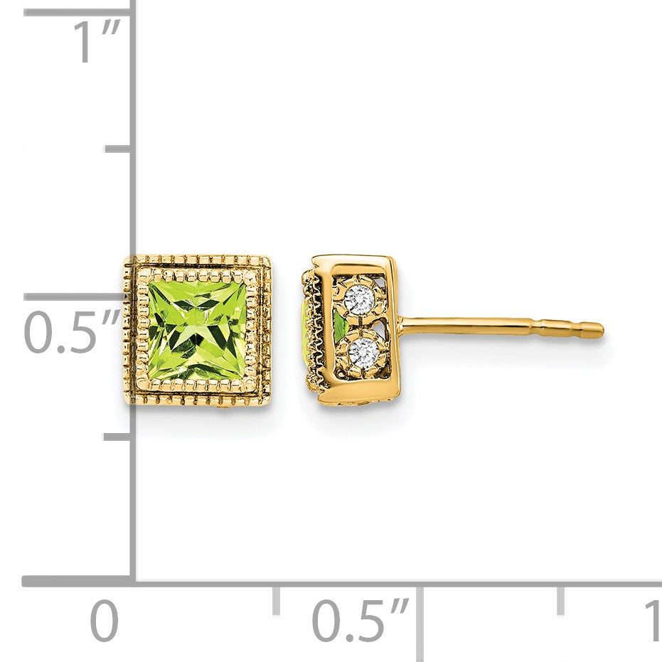 14k 4.5mm Square Peridot and .16 carat Diamond Post Earrings