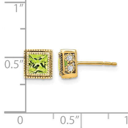 14k 4.5mm Square Peridot and .16 carat Diamond Post Earrings