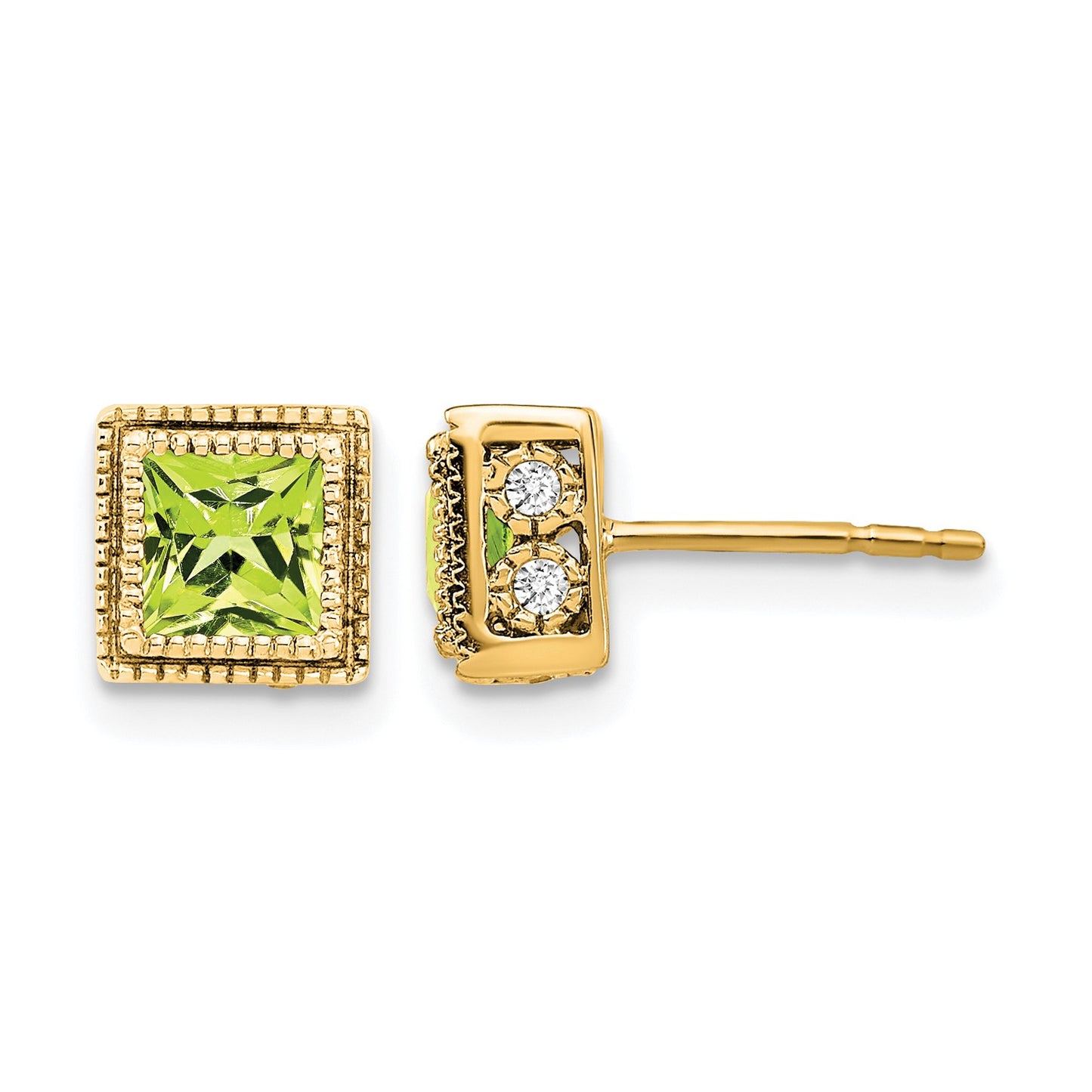 14k 4.5mm Square Peridot and .16 carat Diamond Post Earrings