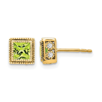 14k 4.5mm Square Peridot and .16 carat Diamond Post Earrings