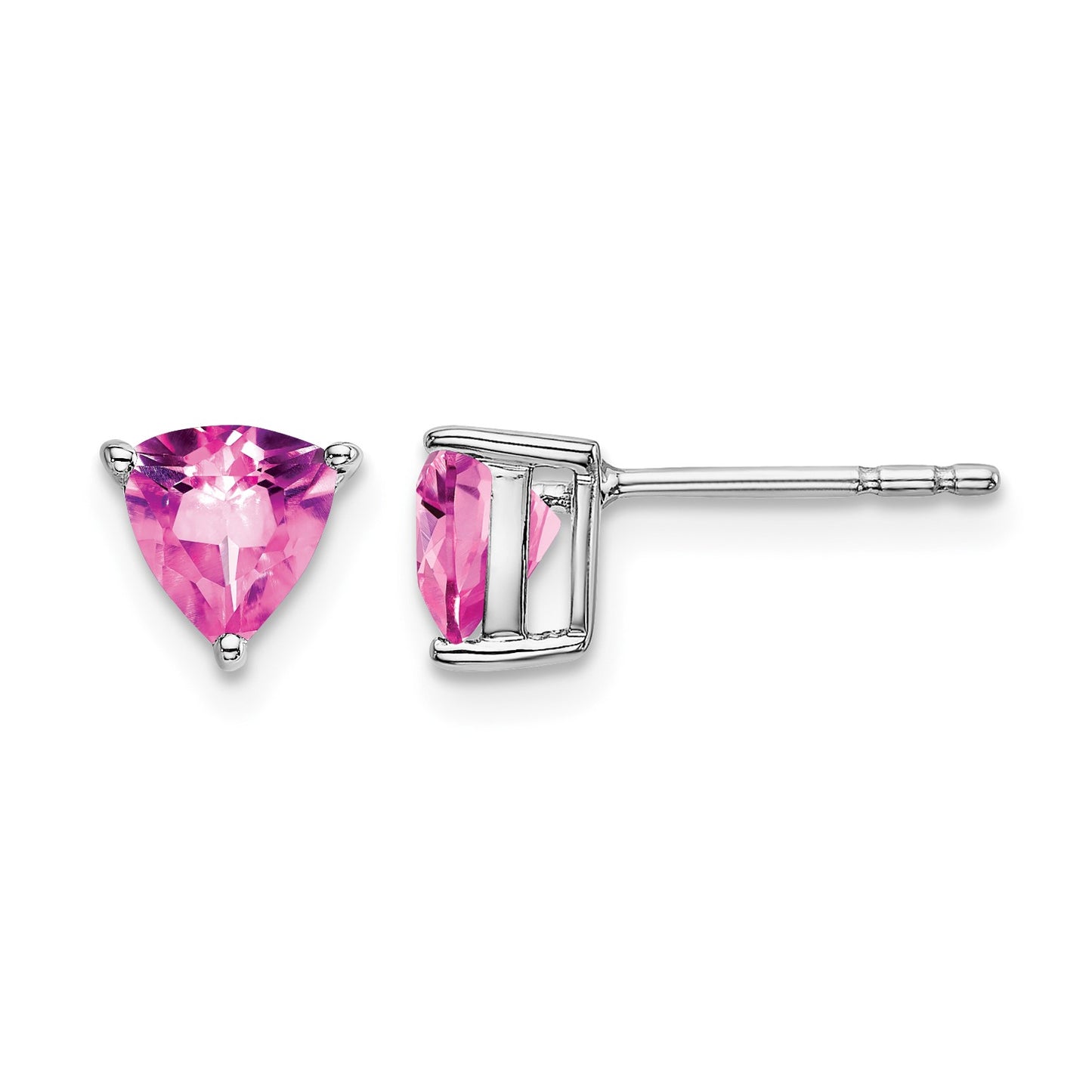 14k White Gold 5mm Trillion Lab Created Pink Sapphire Post Earrings