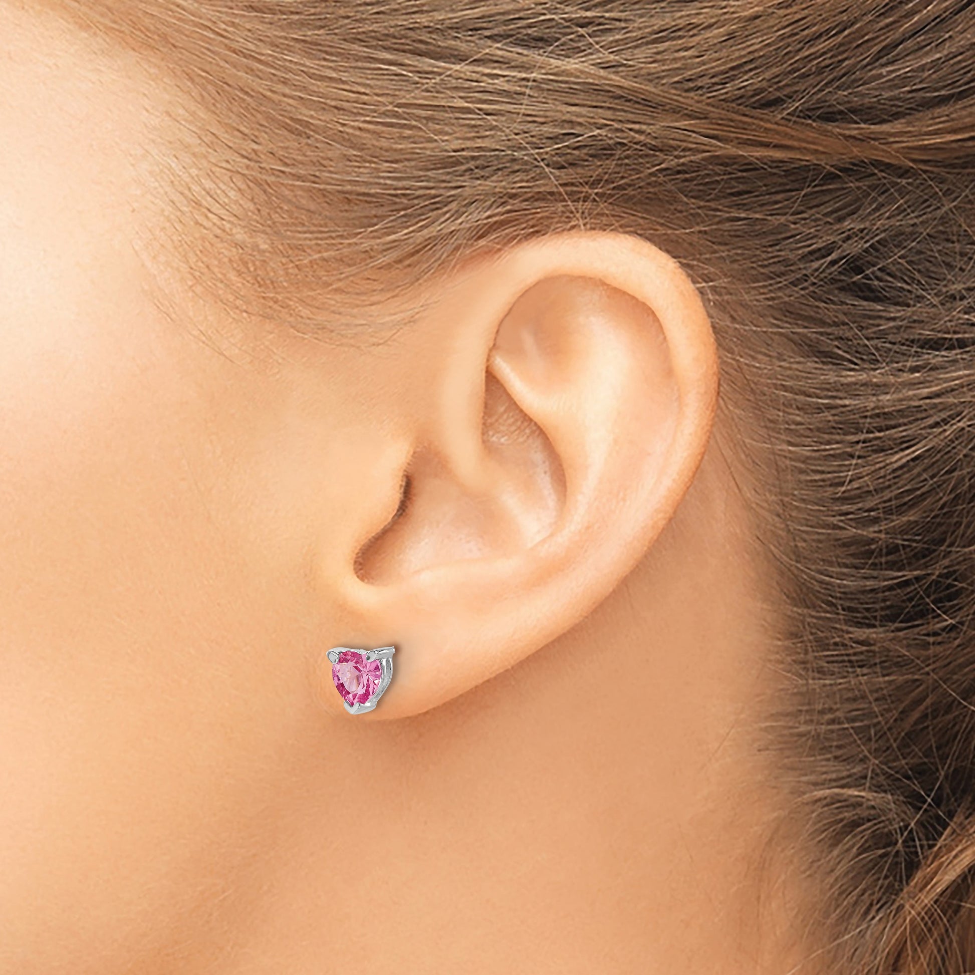 14k White Gold 6mm Heart Lab Created Pink Sapphire Post Earrings
