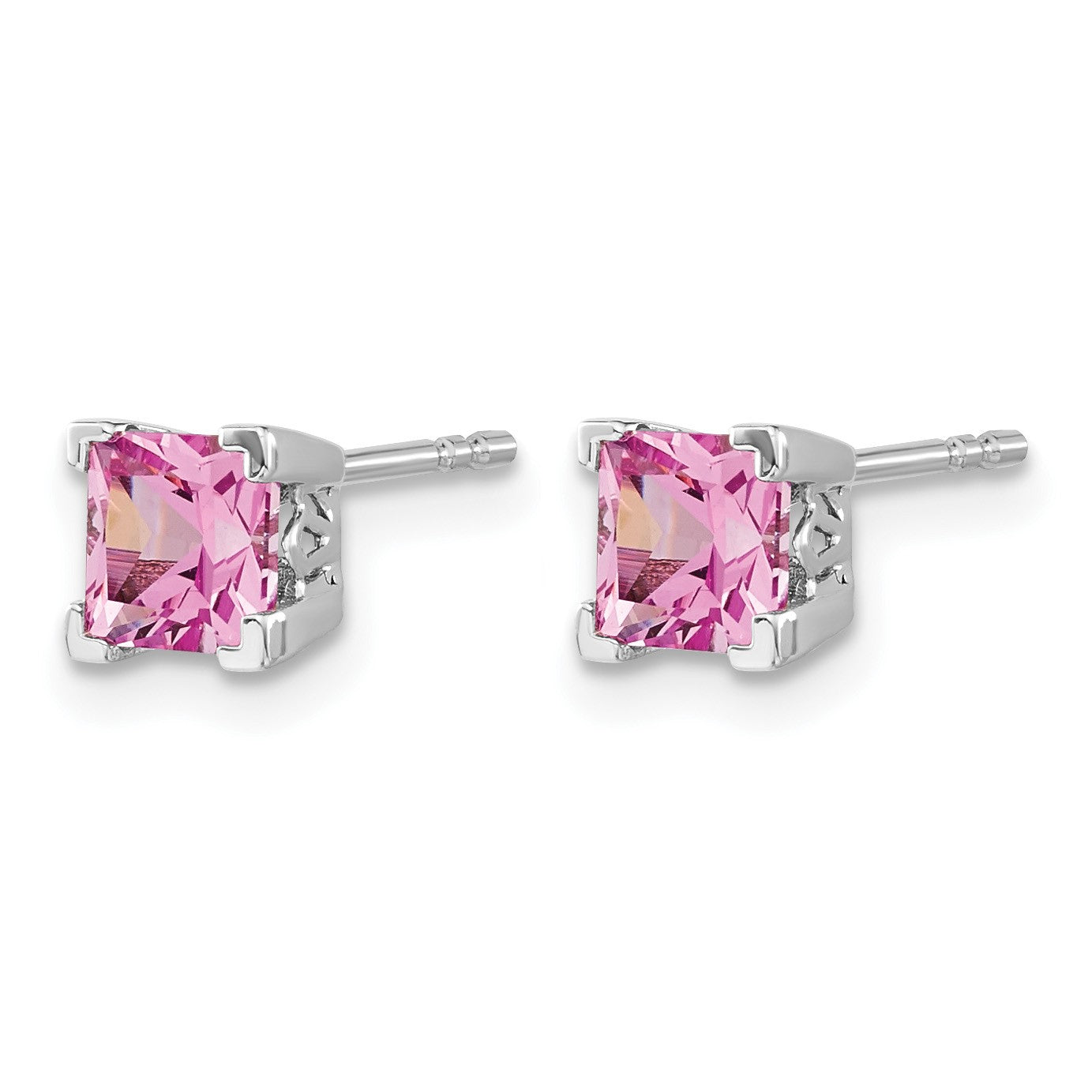 14k White Gold 5mm Princess Lab Created Pink Sapphire Post Earrings