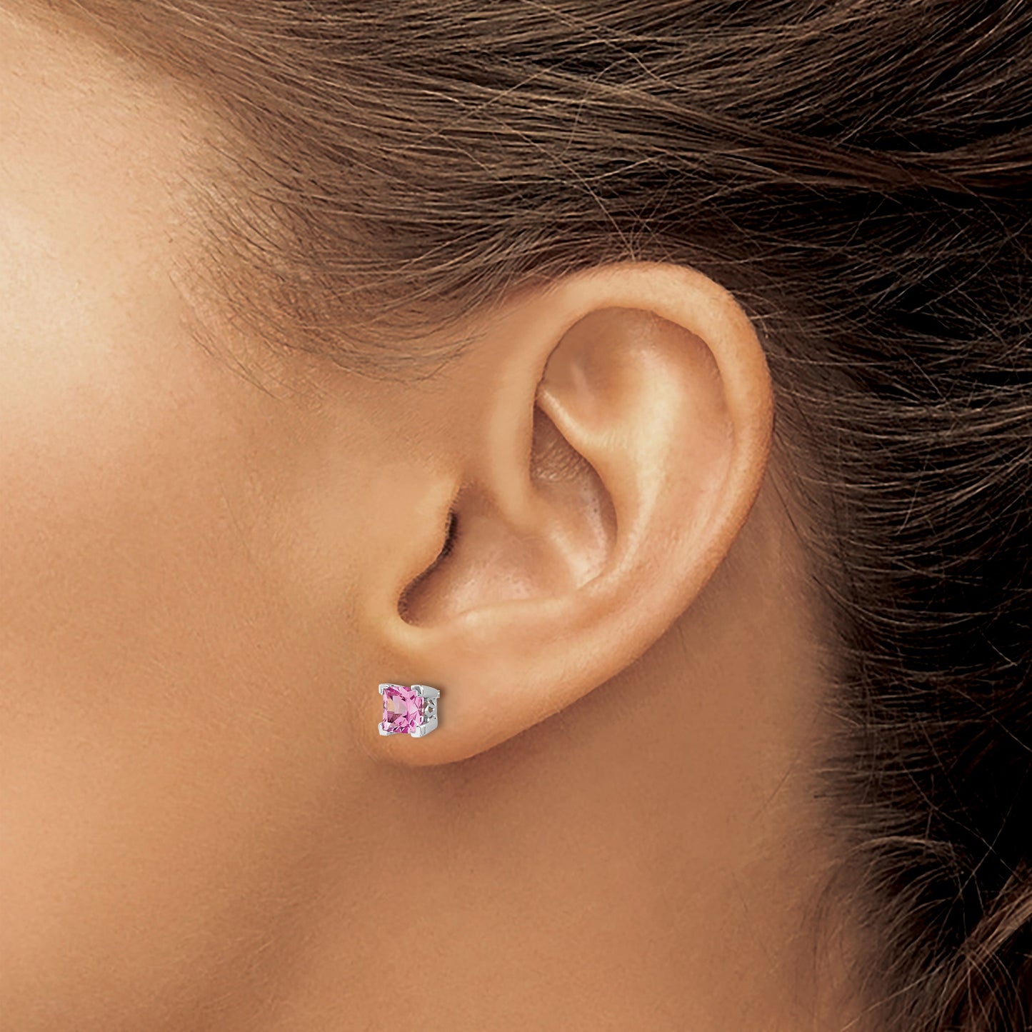 14k White Gold 5mm Princess Lab Created Pink Sapphire Post Earrings