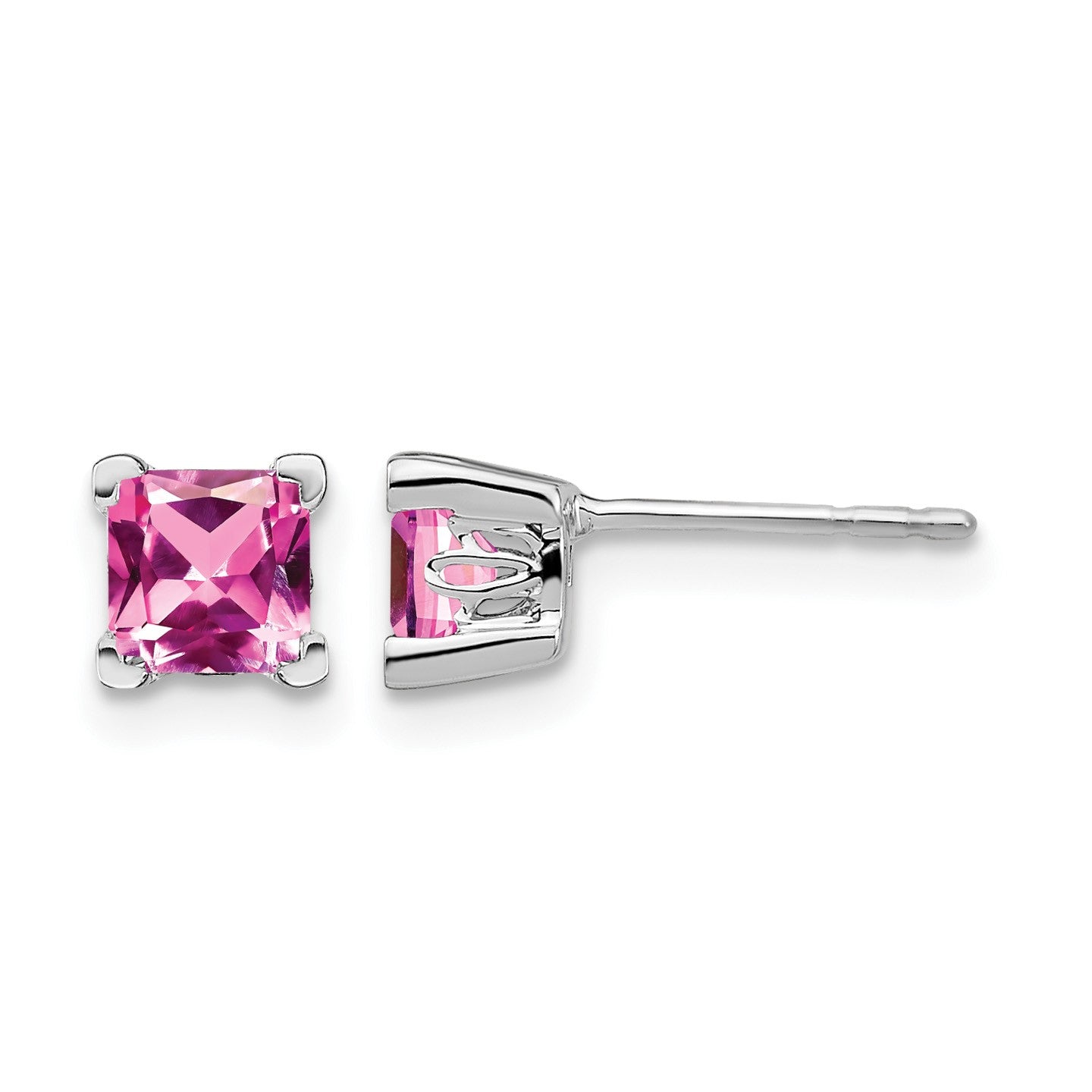 14k White Gold 5mm Princess Lab Created Pink Sapphire Post Earrings