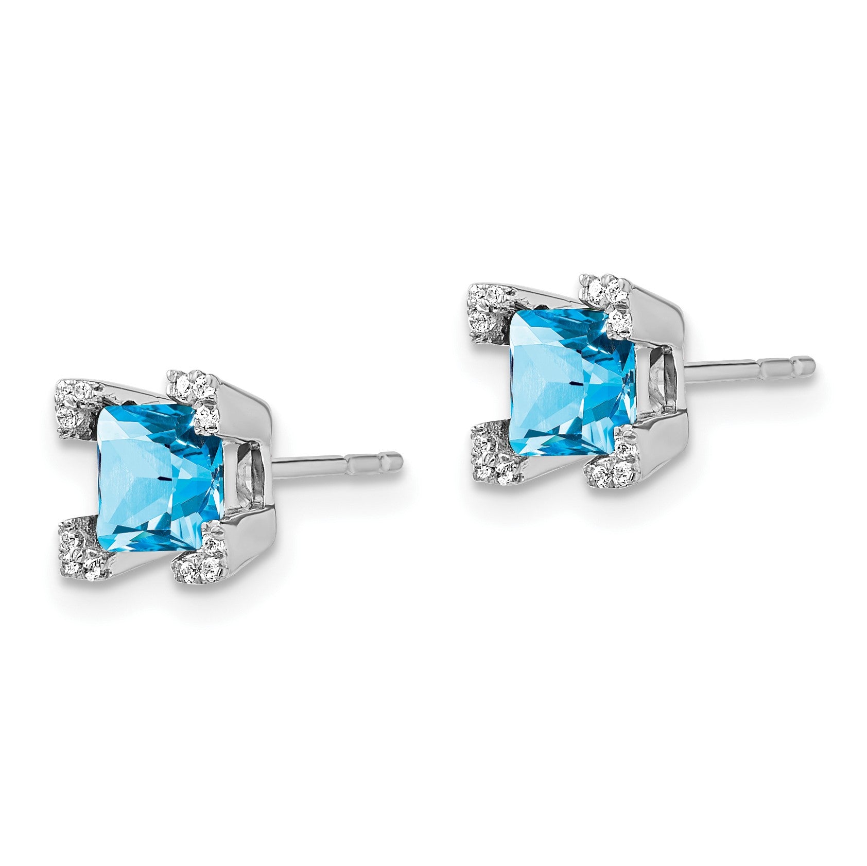14k White Gold 5mm Square Blue Topaz and .07 carat Diamond Post Earrings
