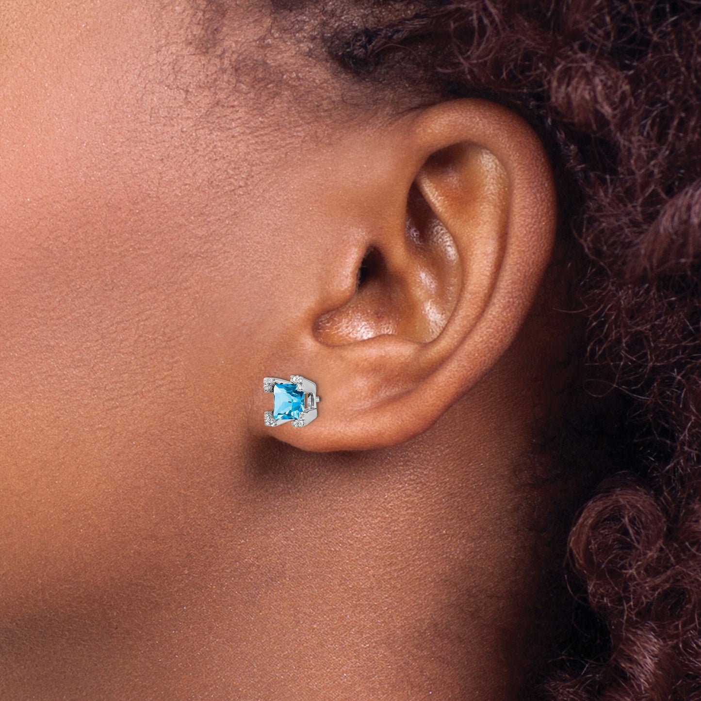 14k White Gold 5mm Square Blue Topaz and .07 carat Diamond Post Earrings