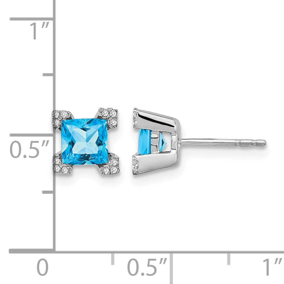 14k White Gold 5mm Square Blue Topaz and .07 carat Diamond Post Earrings