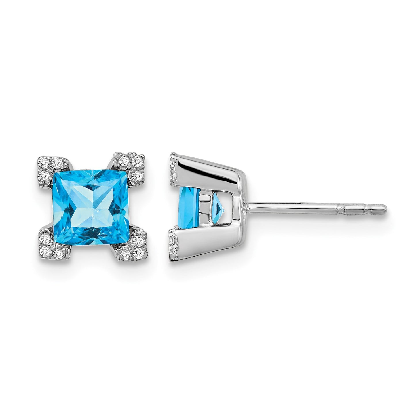14k White Gold 5mm Square Blue Topaz and .07 carat Diamond Post Earrings
