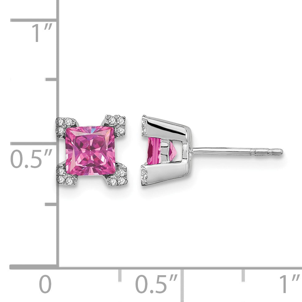 14k White Gold 5mm Princess Lab Created Pink Sapphire and Diamond Corners Post Earrings