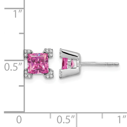 14k White Gold 5mm Princess Lab Created Pink Sapphire and Diamond Corners Post Earrings