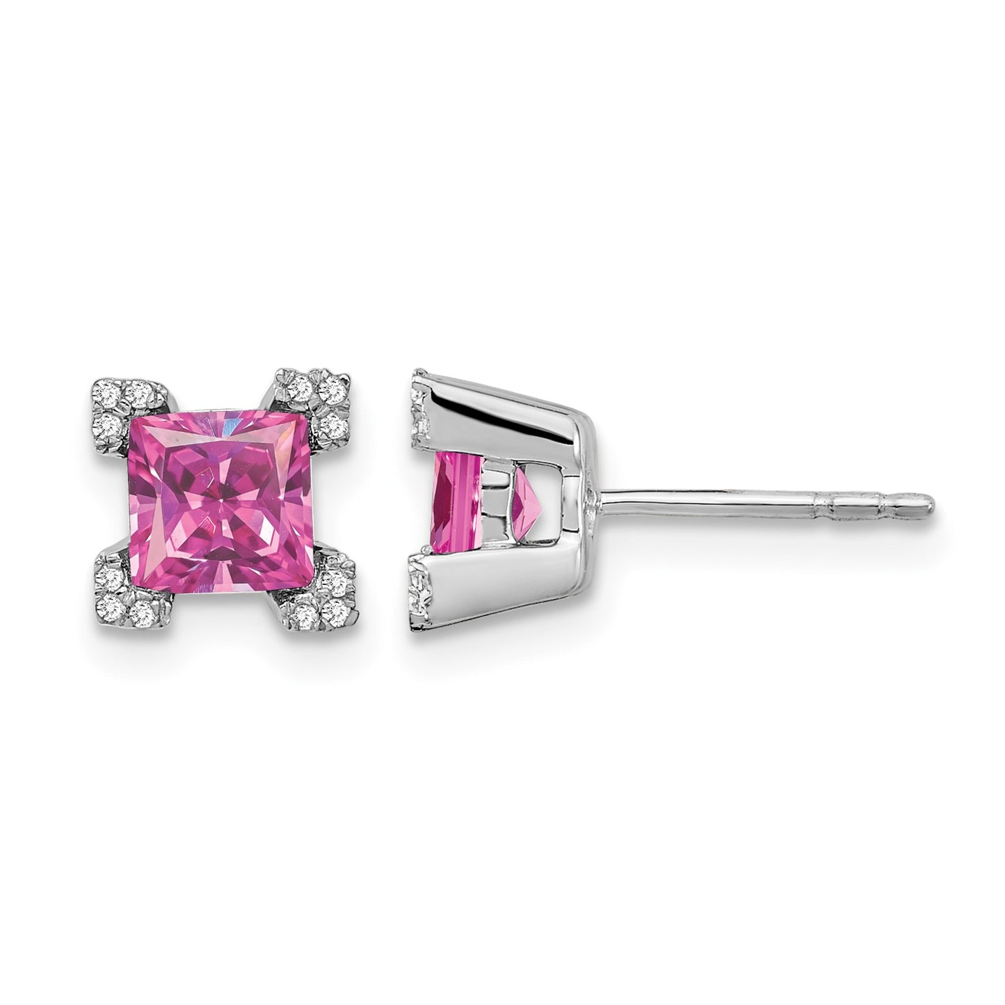 14k White Gold 5mm Princess Lab Created Pink Sapphire and Diamond Corners Post Earrings
