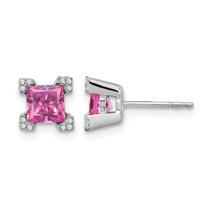 14k White Gold 5mm Princess Lab Created Pink Sapphire and Diamond Corners Post Earrings
