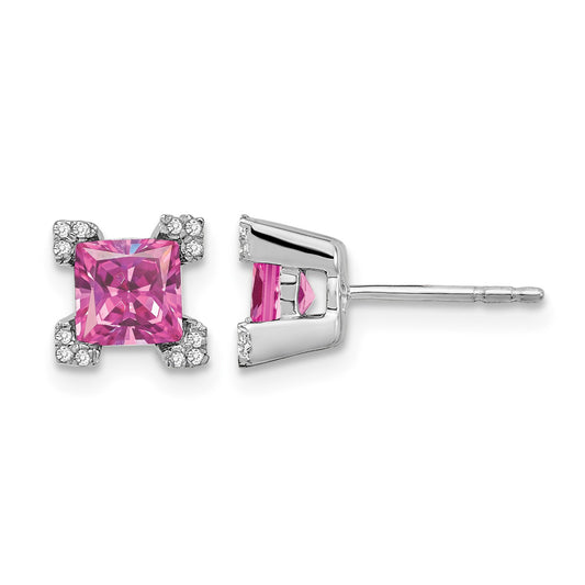 14k White Gold 5mm Princess Lab Created Pink Sapphire and Diamond Corners Post Earrings