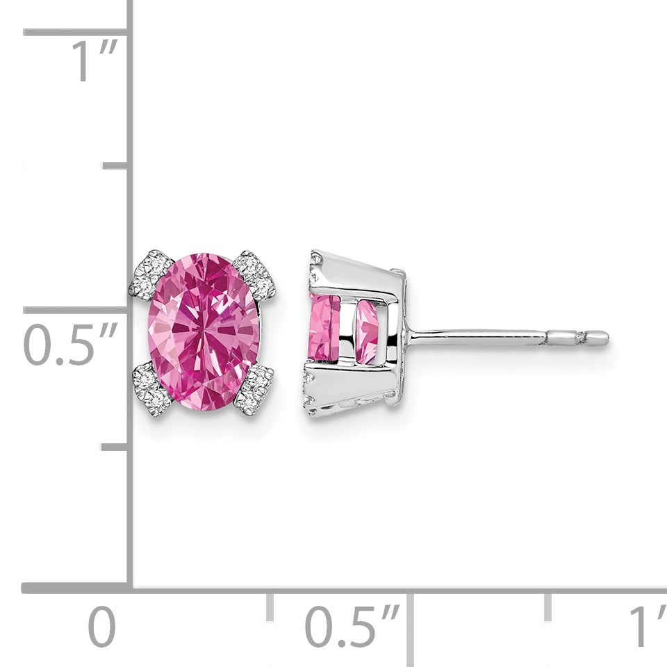 14k White Gold 7x5mm Oval Lab Created Pink Sapphire and Diamond Post Earrings