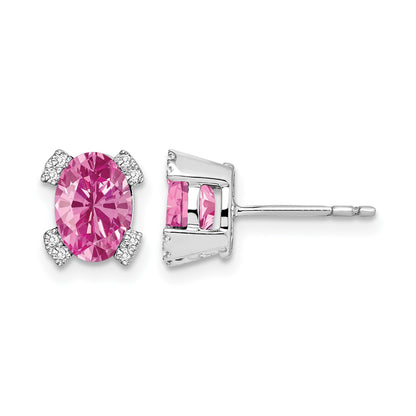14k White Gold 7x5mm Oval Lab Created Pink Sapphire and Diamond Post Earrings