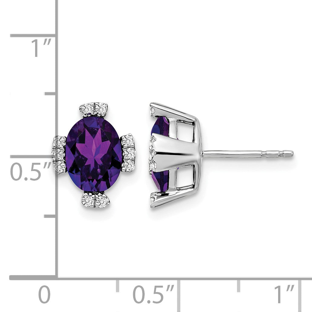 14k White Gold 8x6mm Oval Amethyst and .16 carat Diamond Post Earrings