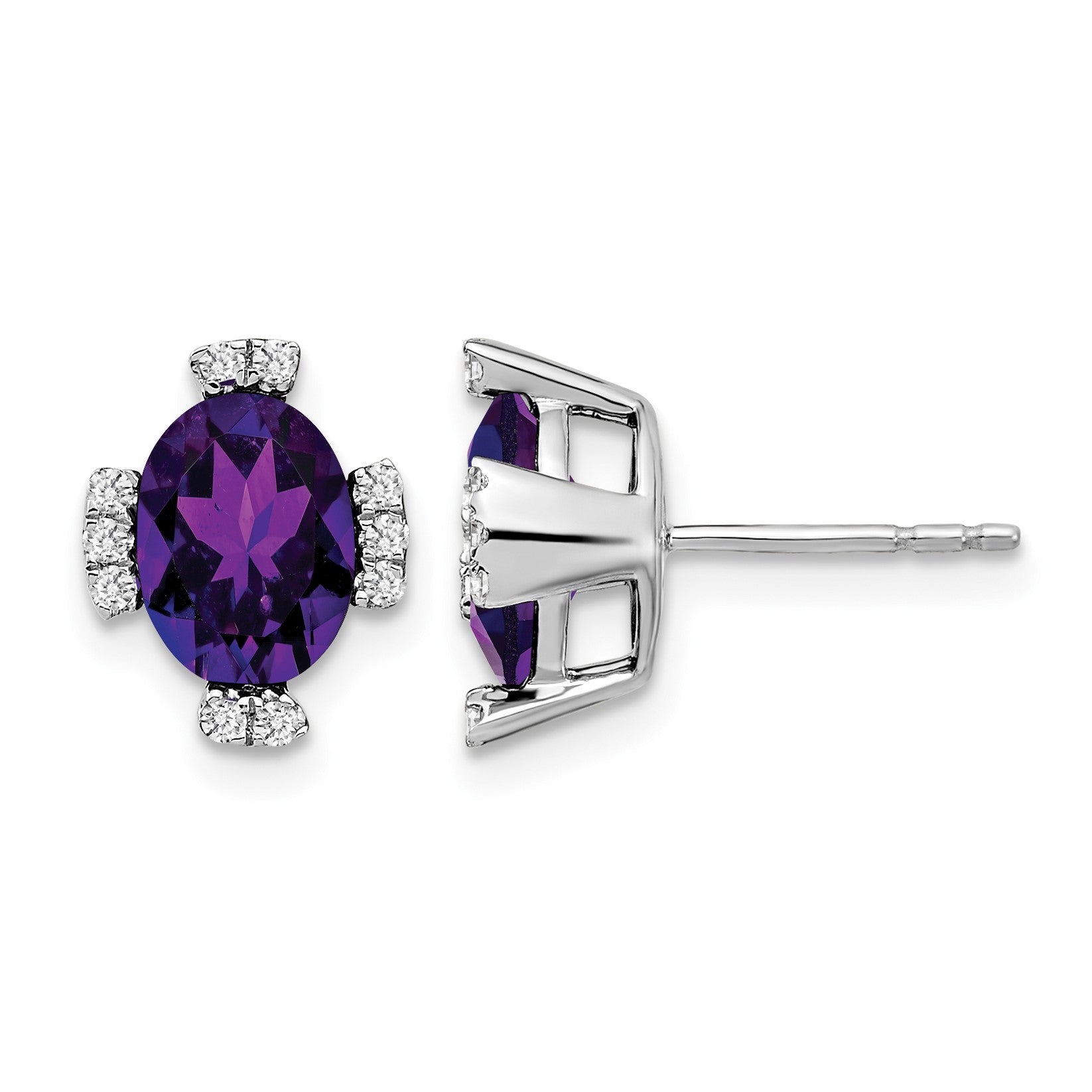 14k White Gold 8x6mm Oval Amethyst and .16 carat Diamond Post Earrings