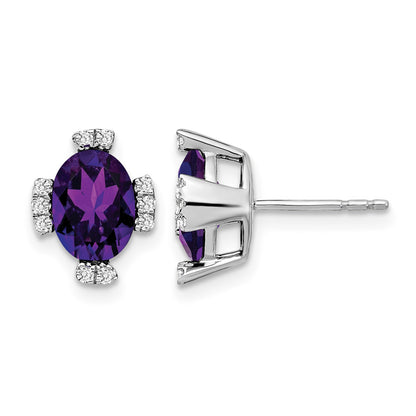 14k White Gold 8x6mm Oval Amethyst and .16 carat Diamond Post Earrings