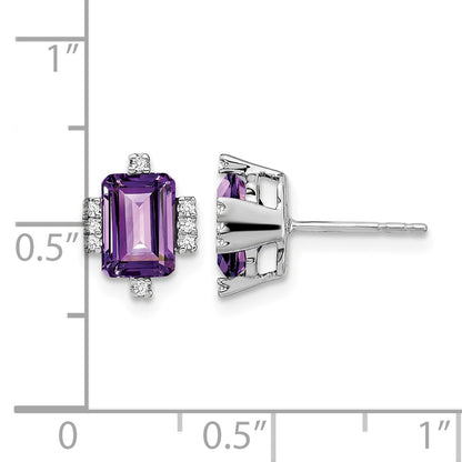 14k White Gold 7x5mm Emerald-cut Amethyst and .08 carat Diamond Post Earrings
