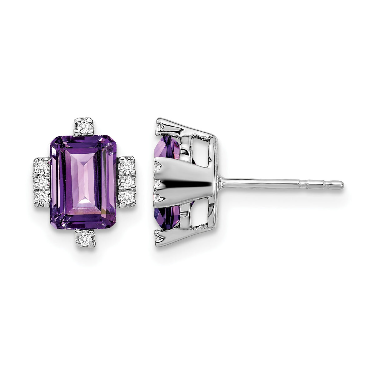 14k White Gold 7x5mm Emerald-cut Amethyst and .08 carat Diamond Post Earrings