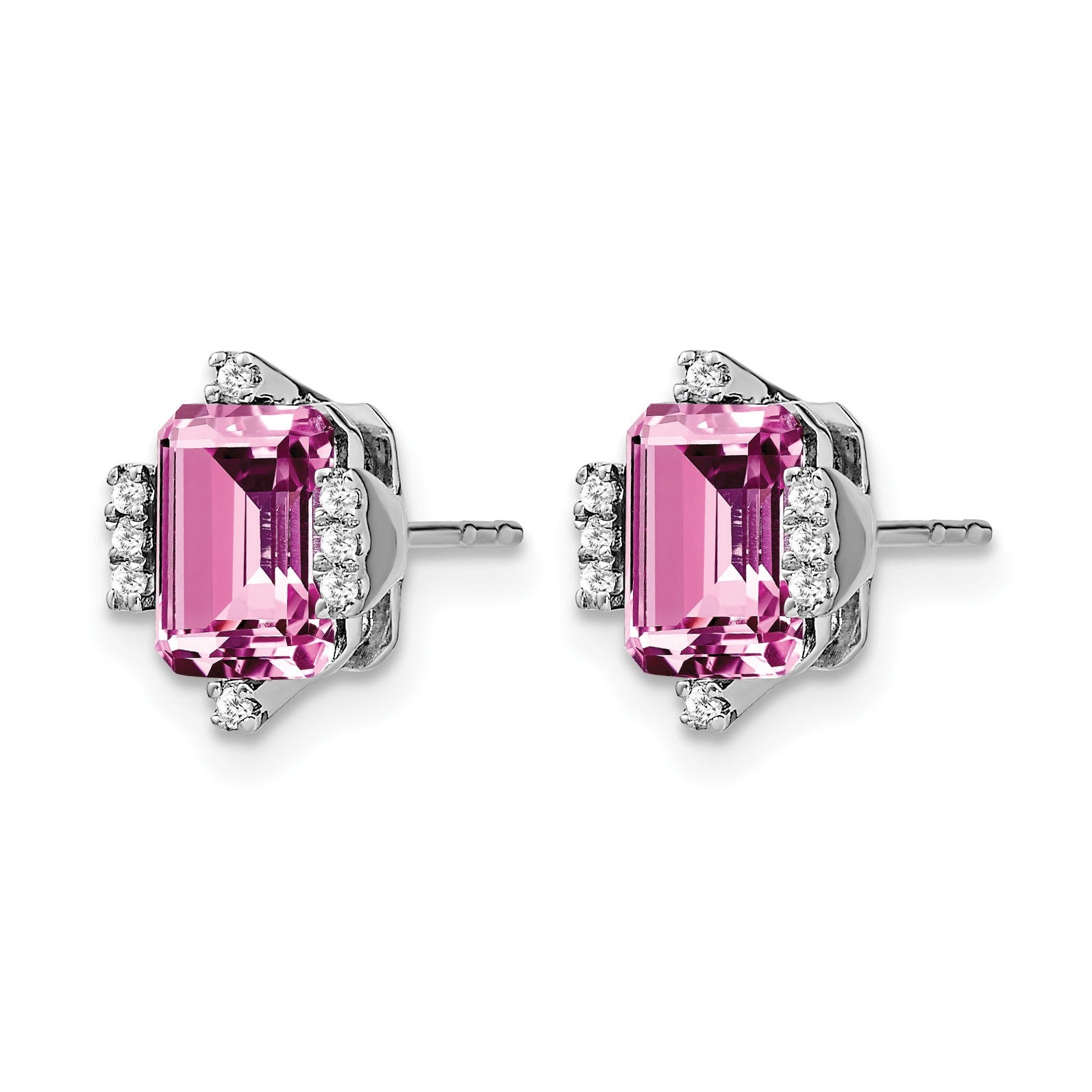 14k White Gold 7x5mm Emerald-cut Lab Created Pink Sapphire and Diamond Post Earrings