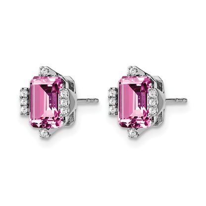 14k White Gold 7x5mm Emerald-cut Lab Created Pink Sapphire and Diamond Post Earrings