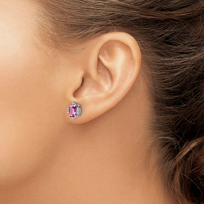 14k White Gold 7x5mm Emerald-cut Lab Created Pink Sapphire and Diamond Post Earrings