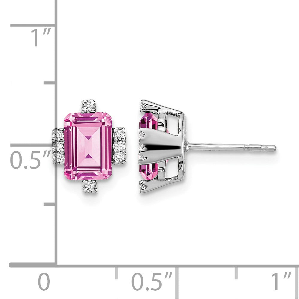 14k White Gold 7x5mm Emerald-cut Lab Created Pink Sapphire and Diamond Post Earrings