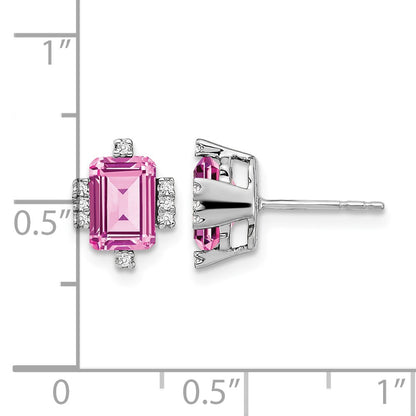 14k White Gold 7x5mm Emerald-cut Lab Created Pink Sapphire and Diamond Post Earrings