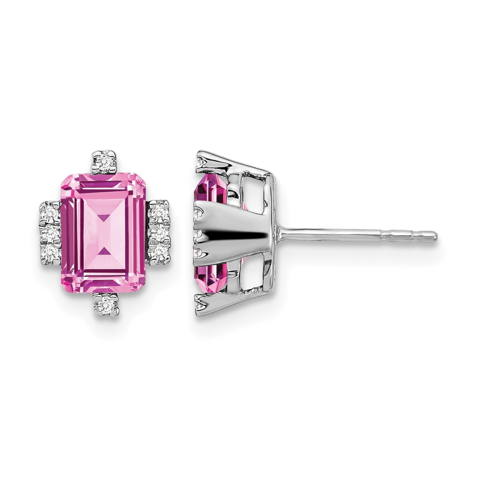 14k White Gold 7x5mm Emerald-cut Lab Created Pink Sapphire and Diamond Post Earrings