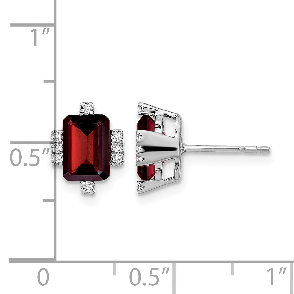 14k White Gold 7x5mm Emerald-cut Garnet and .08 carat Diamond Post Earrings