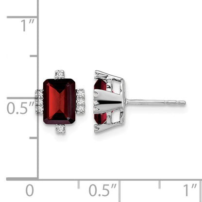 14k White Gold 7x5mm Emerald-cut Garnet and .08 carat Diamond Post Earrings