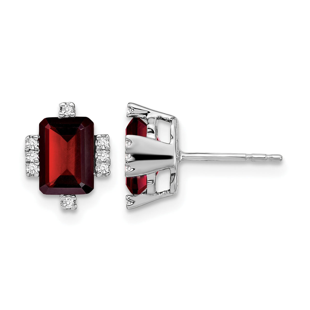 14k White Gold 7x5mm Emerald-cut Garnet and .08 carat Diamond Post Earrings