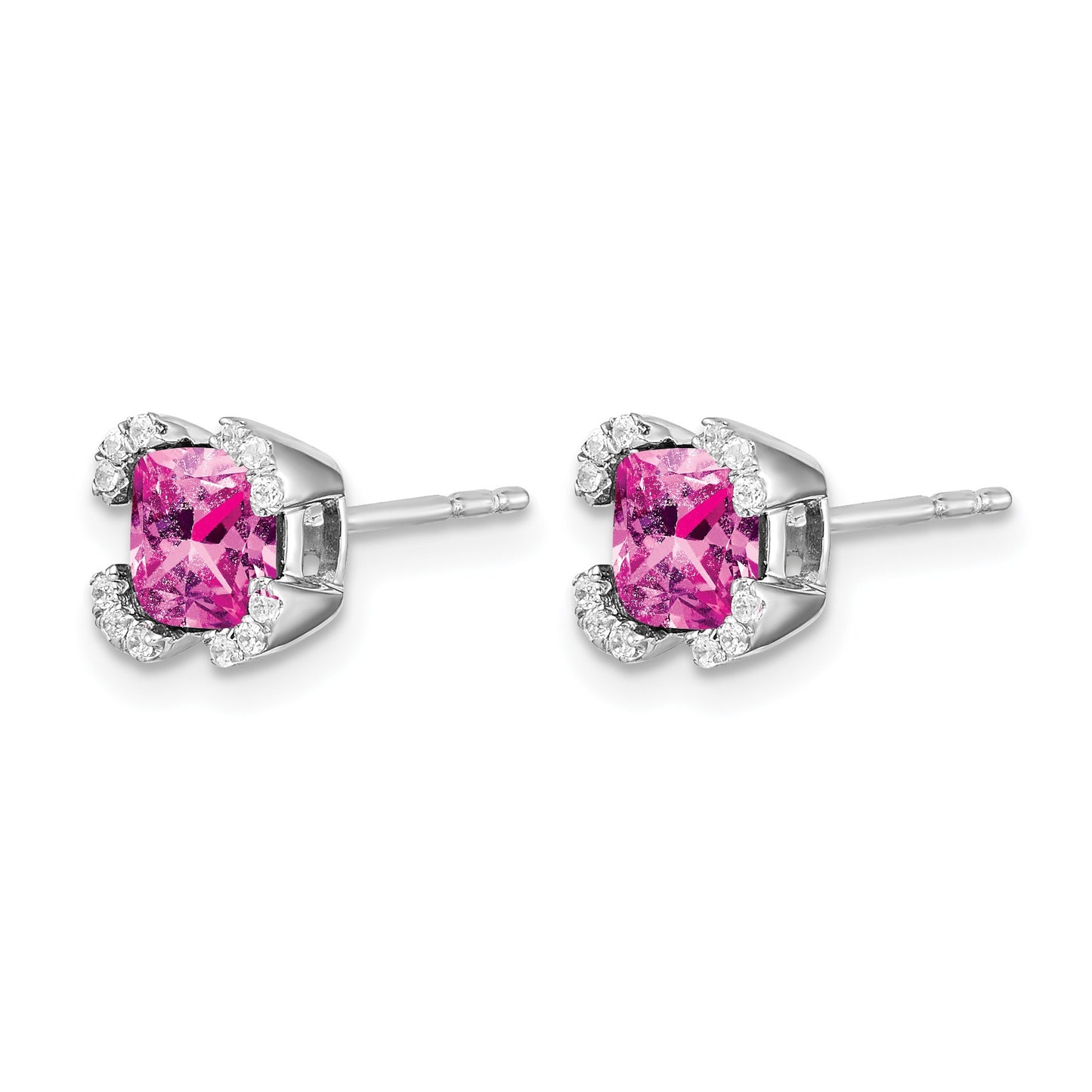 14k White Gold 5.5mm Cushion Lab Created Pink Sapphire and Diamond Post Earrings