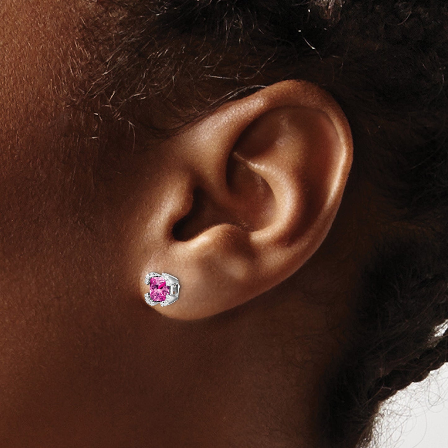 14k White Gold 5.5mm Cushion Lab Created Pink Sapphire and Diamond Post Earrings