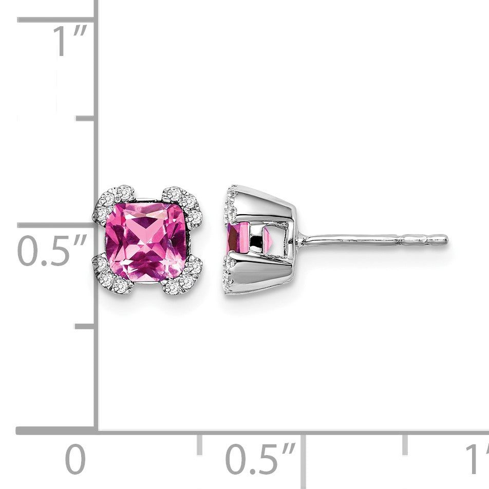 14k White Gold 5.5mm Cushion Lab Created Pink Sapphire and Diamond Post Earrings