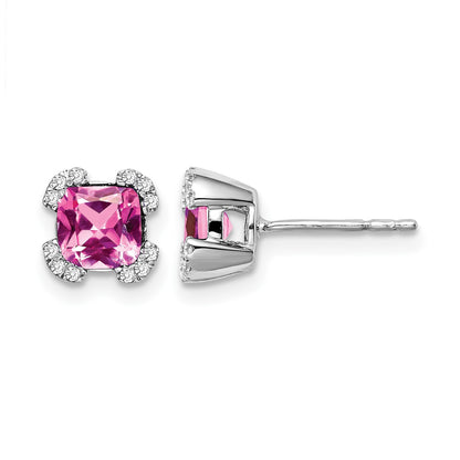 14k White Gold 5.5mm Cushion Lab Created Pink Sapphire and Diamond Post Earrings