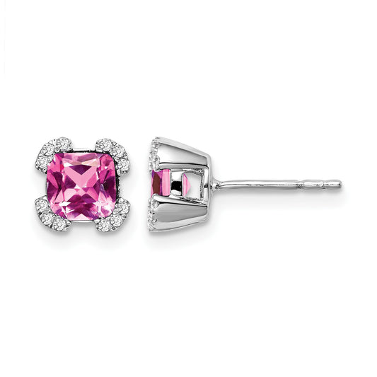 14k White Gold 5.5mm Cushion Lab Created Pink Sapphire and Diamond Post Earrings