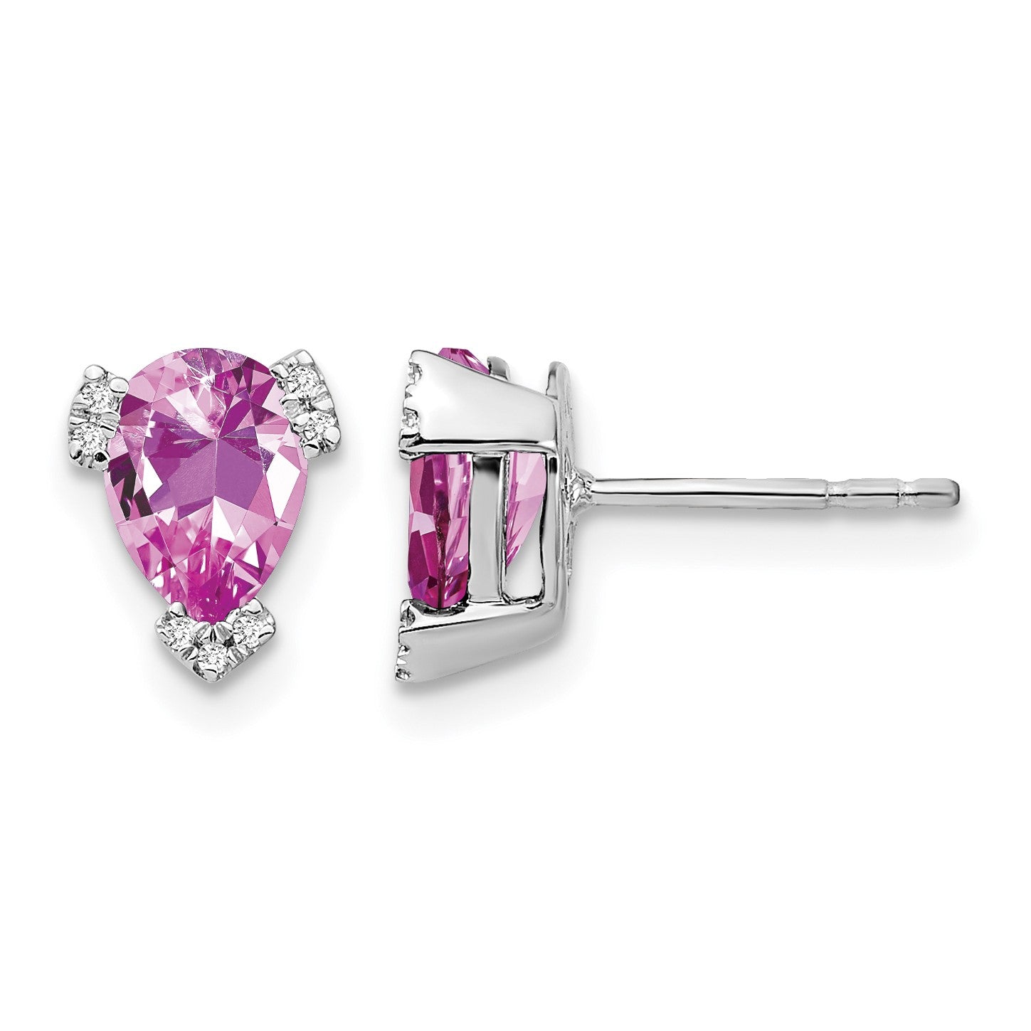 14k White Gold 7x5mm Pear Lab Created Pink Sapphire and Diamond Post Earrings