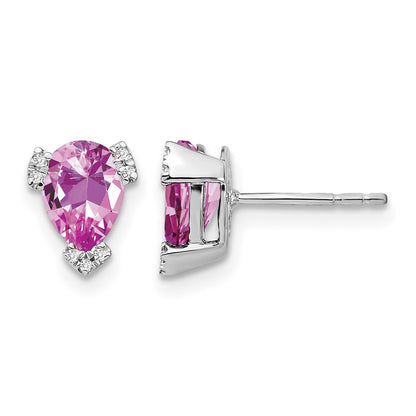 14k White Gold 7x5mm Pear Lab Created Pink Sapphire and Diamond Post Earrings
