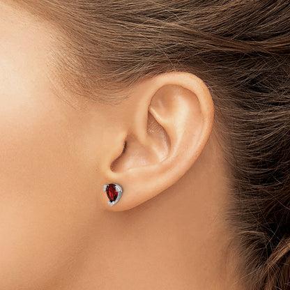 14k White Gold 7x5mm Pear Garnet and .05 carat Diamond Post Earrings