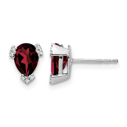 14k White Gold 7x5mm Pear Garnet and .05 carat Diamond Post Earrings