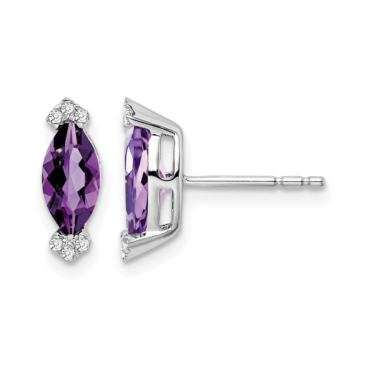 14k White Gold 8x4mm Marquise Amethyst and .05 carat Diamond Post Earrings