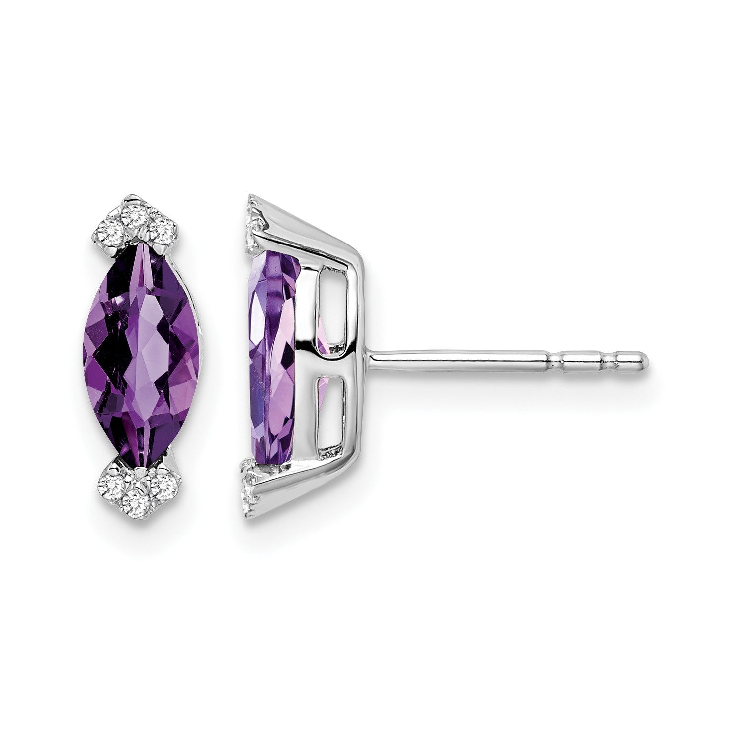 14k White Gold 8x4mm Marquise Amethyst and .05 carat Diamond Post Earrings
